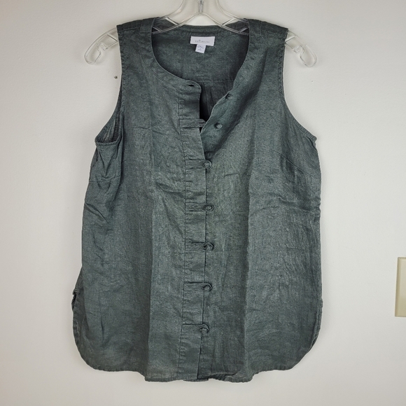 J Jill Love Linen olive green sleeveless button up top with side slits lagen S/P - Picture 4 of 11
